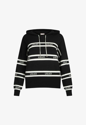 Zwarte hoodie met horizontale witte strepen en "LIUJO" merknaam, trekkoord met metalen uiteinden en ribben aan de manchetten en onderrand.