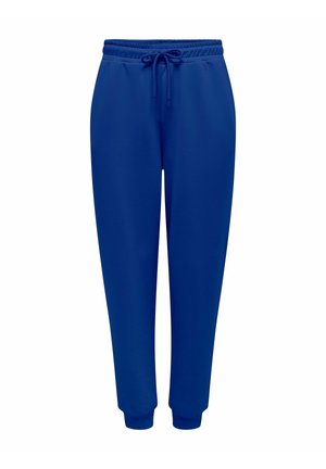 Zilas sporta bikses, izgatavotas no mīksta auduma, ar elastīgu jostu un auklu, sašaurinātām potītēm un gludu tekstūru.