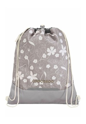 Grauer Rucksack mit Kordelzug, weißem Blumenmuster, Kordelriemen und Cocazoo-Logo vorne.