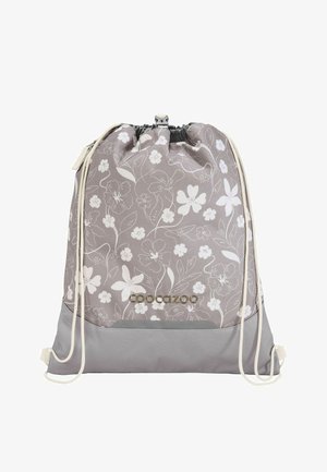 Grauer Rucksack mit Kordelzug, weißem Blumenmuster, Kordelriemen und Cocazoo-Logo vorne.
