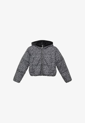 Padded cropped jacket w szarym kolorze w czarny leopardski wzór, z zamkiem z przodu i czarnym kapturem, wykonana z miękkiego, teksturowanego materiału.