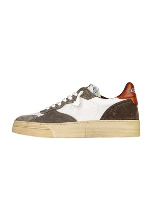 Sneaker low-top in pelle bianca, pannelli in camoscio marrone, suola in gomma color cuoio, lacci bianchi e linguetta in pelle marrone sul tallone su sfondo bianco.