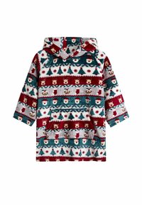 Poncho con capucha de forro polar en tonos teal, rojo y blanco, con un diseño navideño que incluye árboles, osos y rostros de Santa; cuenta con un bolsillo frontal.
