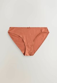 Culotte bikini en coton couleur rouille pour femme avec un petit nœud décoratif au centre devant sur fond clair.
