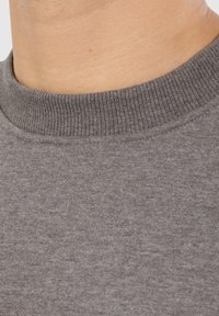 Pull en gris à col rond avec un col côtelé et un tissu doux et texturé. Le matériau semble lisse avec un subtil motif chiné.