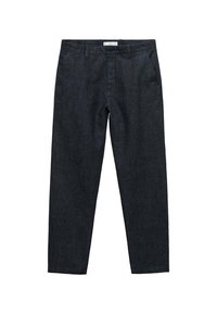 Donkerdenim broek met een recht model, voorzakken, knoopsluiting en riemlussen. Gladde textuur met minimale stikdetails.