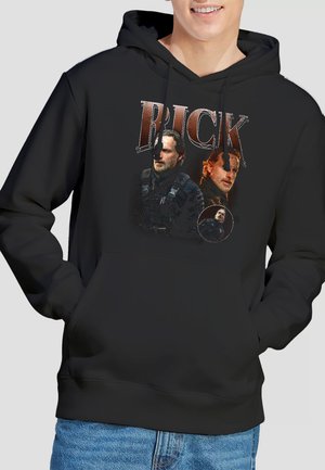 Black hoodie with three images of a man in tactical gear and the name "RICK" printed above the images on the chest.