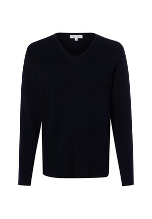 Dunkel marineblauer Pullover mit V-Ausschnitt und langen Ärmeln, gerippter Struktur und kleinem Stoffetikett innen am Kragen mit Marke und Größe.
