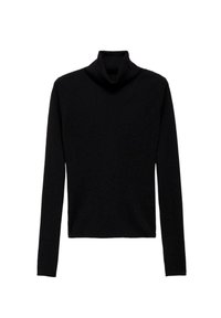 Pull à col roulé noir côtelé avec des manches longues, fabriqué en maille texturée, présentant un col ajusté et un corps cintré.