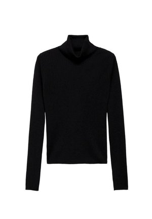 Pull à col roulé noir côtelé avec des manches longues, fabriqué en maille texturée, présentant un col ajusté et un corps cintré.