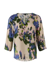 Bluse mit Blumenmuster in Creme, mit blauen, grünen und rosafarbenen Akzenten. V-Ausschnitt, dreiviertel Ärmel und lockerer Schnitt.