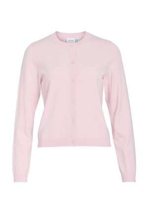 Hele roosa, pika varrukaga eest nööbitav kardigan ümmarguse kaeluse ning soonikkoes varruka- ja alumiste servadega, eksponeeritud valgel taustal.