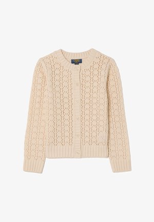 Cardigan beige lavorato a maglia con un motivo in pizzo testurizzato, scollatura rotonda e chiusura con bottoni. Il bordo e i polsini a coste aggiungono dettagli e contrasto.