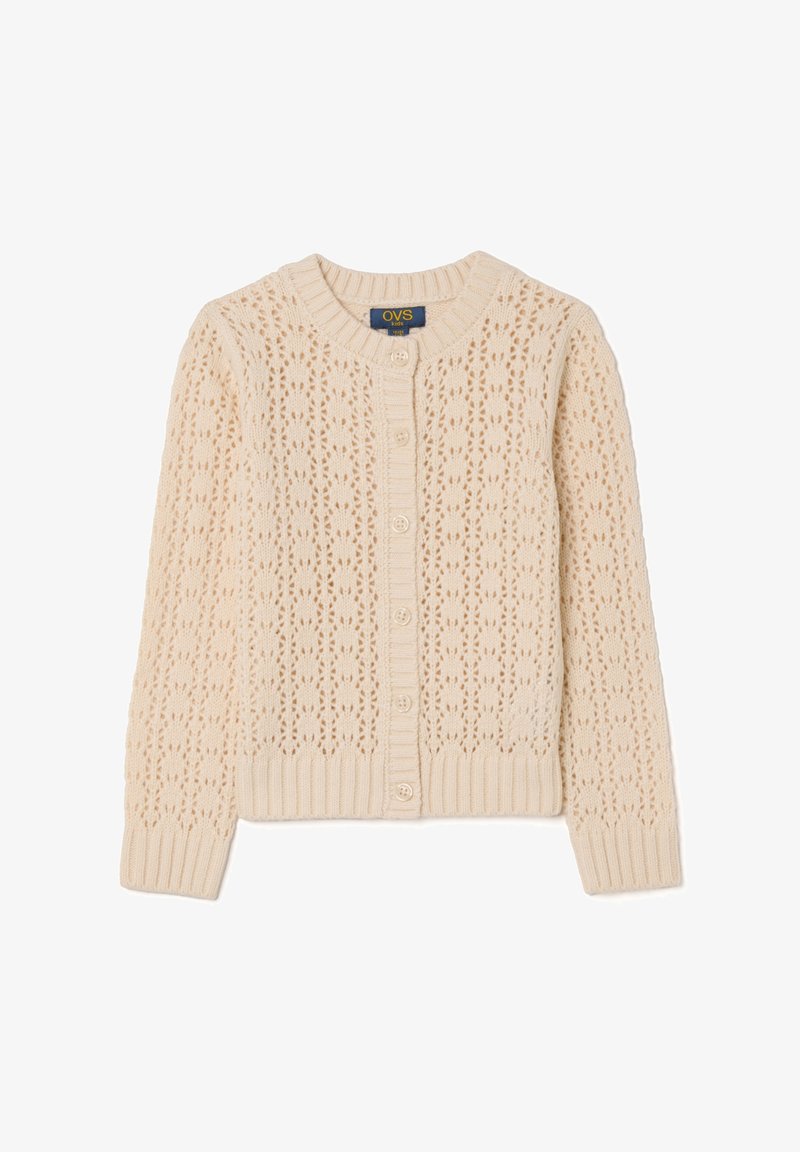 Beige Strickjacke mit einem strukturierten Spitzenmuster, Rundhalsausschnitt und Knopfleiste. Die gerippten Abschlüsse und Bündchen sorgen für Details und Kontraste.