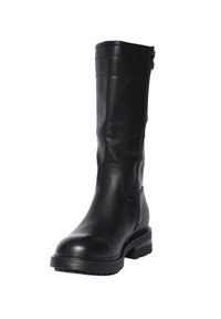 Stivale in pelle nera alto fino al ginocchio con punta tonda, zipper laterale e parte superiore testurizzata. Presenta una robusta suola in gomma per una migliore aderenza.