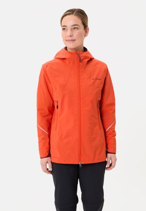 Orange waterproof jacket with a hood, zippered front, and reflective accents. Features a fitted design and two side pockets.