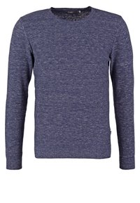 Pull bleu marine en maille texturée, muni d'un col rond et de manches longues. Bordures côtelées aux poignets et à l'ourlet.