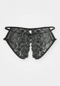 Zwarte kant bralette met bloemmotief, semi-transparant ontwerp, verstelbare bandjes en een sleutelgaatje detail in het midden.
