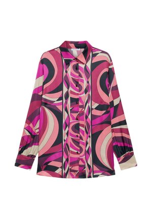 Langærmet skjorte med knapper i silkeagtigt stof med et dristigt abstrakt mønster i nuancer af pink, sort og creme. Klassisk krave og manchetter på ærmerne.