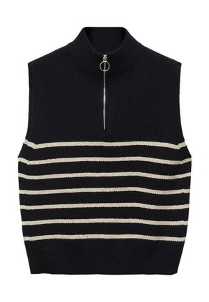 Veste sans manches en tricot noir avec des rayures horizontales blanches et une fermeture éclair argentée à moitié zip avec un anneau rond pour tirer.