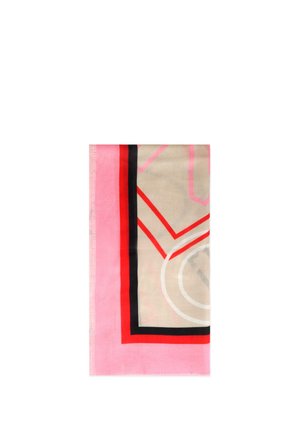 Bufanda rectangular con borde rosa, rayas negras y rojas, y centro beige con líneas geométricas abstractas rojas y blancas.
