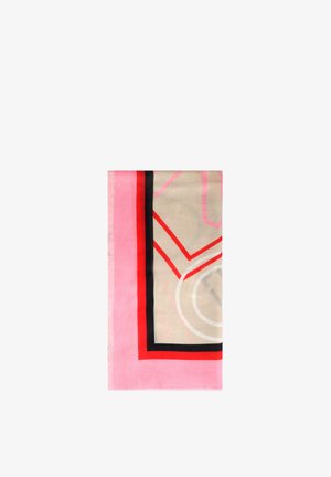 Bufanda rectangular con borde rosa, rayas negras y rojas, y centro beige con líneas geométricas abstractas rojas y blancas.