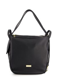 Schwarze Leder Schultertasche mit strukturiertem Finish, goldfarbenem Reißverschluss und Logo-Details. Verfügt über zwei Henkel und ein geräumiges Fach.
