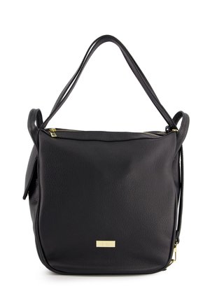 Schwarze Leder Schultertasche mit strukturiertem Finish, goldfarbenem Reißverschluss und Logo-Details. Verfügt über zwei Henkel und ein geräumiges Fach.