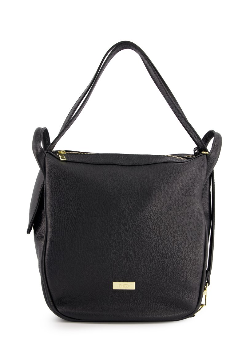 Schwarze Leder Schultertasche mit strukturiertem Finish, goldfarbenem Reißverschluss und Logo-Details. Verfügt über zwei Henkel und ein geräumiges Fach.