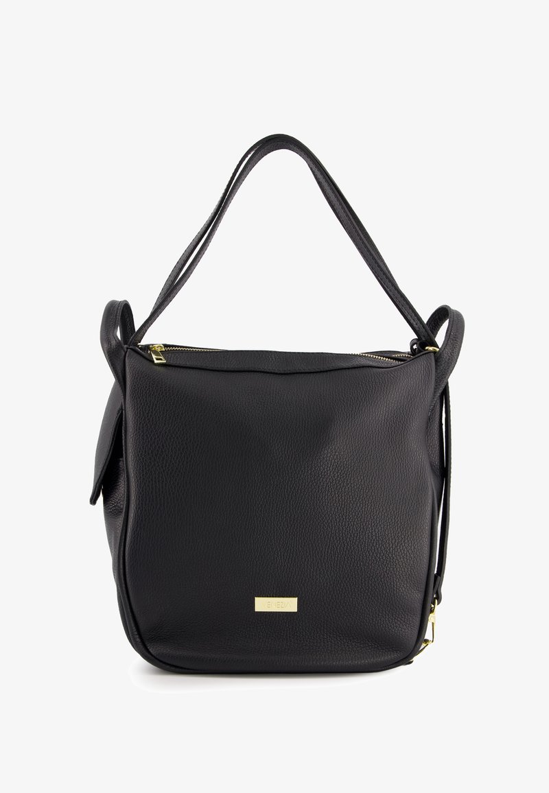 Black leather shoulder bag with a textured finish, gold zipper, and logo accent. Features dual handles and a spacious compartment.