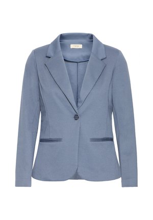Light blue blazer with a notched collar, single button closure, and two front pockets. Smooth fabric with a tailored fit and subtle texture.