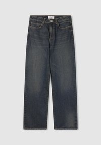 Jeans in denim blu scuro con design a gamba dritta, dotati di cinque tasche, chiusura con bottone e cuciture a contrasto.