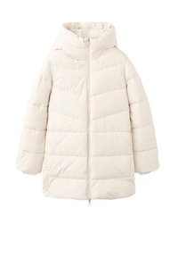 Jasnopłaska beżowa kurtka puchowa z kapturem, z przednim zamkiem błyskawicznym i pikowanym wzorem. Krótki, oversize'owy fason z teksturowaną tkaniną.