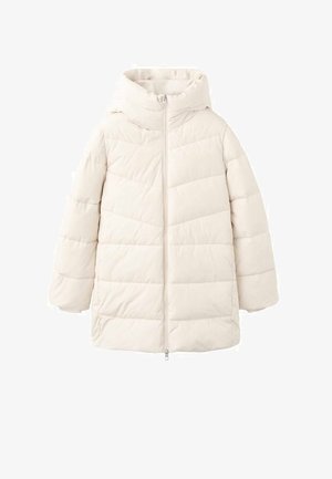 Jasnopłaska beżowa kurtka puchowa z kapturem, z przednim zamkiem błyskawicznym i pikowanym wzorem. Krótki, oversize'owy fason z teksturowaną tkaniną.