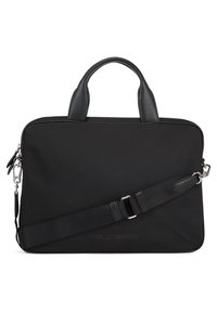 Black nylon laptop bag with leather accents, dual handles, and detachable shoulder strap. Features a zip closure and embossed logo detail.