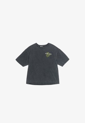 Oversized T-Shirt in charbonfarben aus Baumwolle, mit kurzen Ärmeln und grünem Logo-Druck auf der oberen linken Brust.