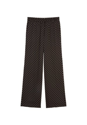 Zwarte wijde broek met witte stippen, voorzien van een elastische tailleband en een gladde stofstructuur. Geschikt voor casual kleding.