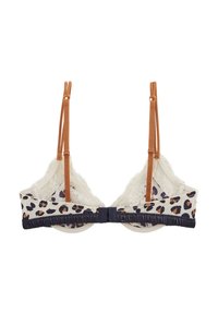 Soutien-gorge en imprimé léopard avec panneaux en dentelle crème, bord navy et bretelles caramel. Il possède une bande froncée et des bretelles ajustables pour un meilleur ajustement.