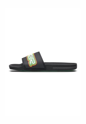 Sandale noire en plastique avec une sangle en caoutchouc texturé et un logo coloré. Accent vert sur la semelle, design minimaliste.