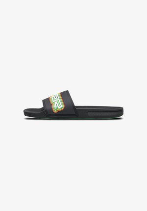 Svart halksandal med en texturerad gummisandalrem med en färgglad logotyp. Grön detalj på sulan, minimalistisk design.