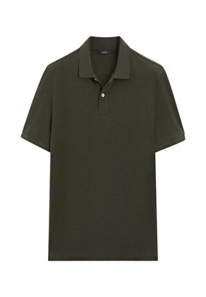 Polo manches courtes vert foncé avec patte à deux boutons et col classique, en tissu texturé.