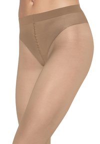 Collant nudi trasparenti con una fascia in vita senza cuciture, caratterizzati da una texture liscia e una vestibilità aderente, progettati per garantire comfort e invisibilità sotto i vestiti.