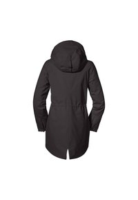 Schwarze isolierte Jacke mit Kapuze, die eine taillierte Taille, lange Ärmel und einen belüfteten hinteren Saum für verbesserte Bewegungsfreiheit aufweist.