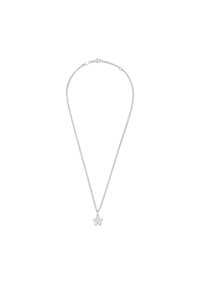 Collana in argento con un pendente che presenta un piccolo design floreale. La catena è collegata e ha una chiusura a moschettone.