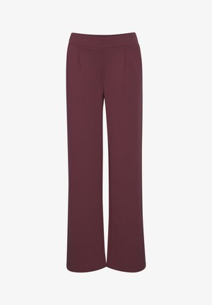 Burgundy wide-leg trousers with a smooth texture, featuring a fitted waistband and two front pleats for added detail.