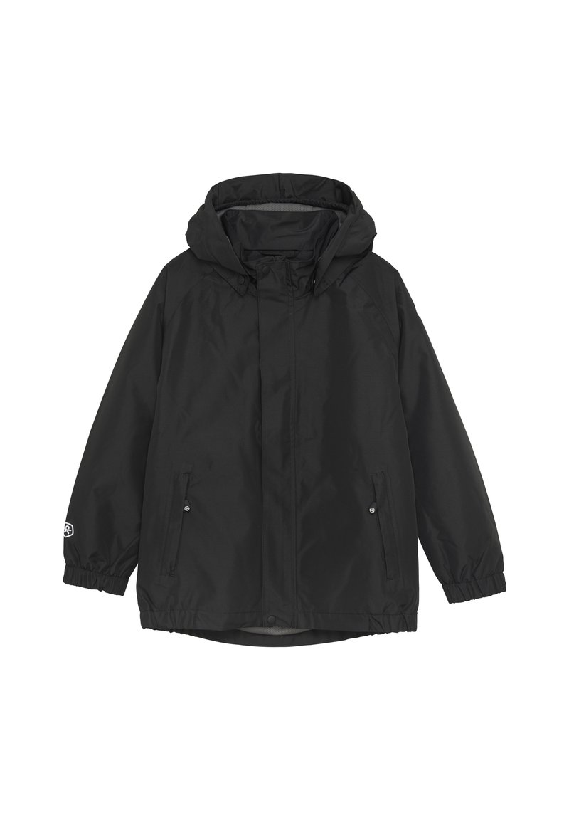 Svart huva jacka med en framdragkedja, två sidofickor, elastiska muddar och en något glänsande textur; designad för utomhusbruk.