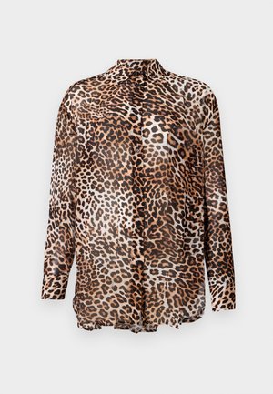 Long-sleeve button-up shirt with brown and black leopard print pattern on a light background.