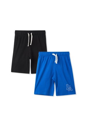 Shorts di cotone neri e blu con vita elastica e cordini; i pantaloni blu presentano un logo bianco "LA" sulla gamba sinistra.
