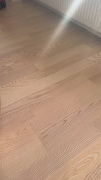 Sluneční paprsek svítí na světlé dřevěné podlahové desky poblíž bílého radiátoru v místnosti s přirozeným osvětlením.