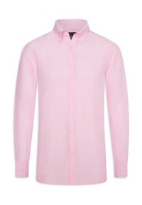 Camicia a maniche lunghe con bottoni in lino rosa chiaro, caratterizzata da un colletto classico e bottoni dall'aspetto perlaceo, con una finitura liscia e leggermente testurizzata.